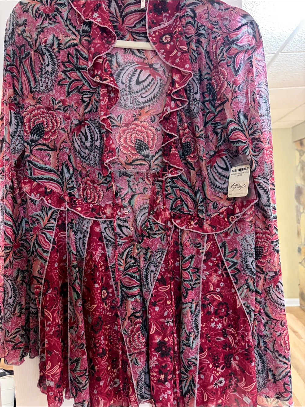 Floral Ruffle V-Neck Dress in Pink and Black Free People
